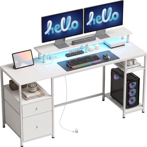 HOMCOM mesa de escritorio para ordenador con luces LED estantes cajones tomas de corriente puertos USB y soporte para monitor 155,5x48x88,5 cm blanco (1/5)