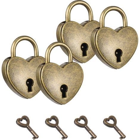 Lot de 4 mini cadenas en forme de cœur avec clé - En métal - Vintage - Pour armoire, boîte à bijoux, journal intime, tiroir (bleu antique) (1/5)