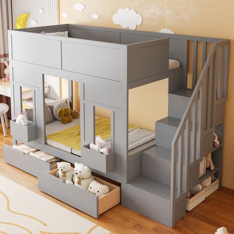 Kinder-Hochbett modern aus Holz Grau 90x200 cm mit Stauraumtreppe, Schubladen, Fenstern und Schutzgitter