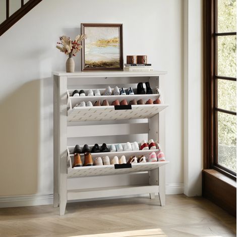 Schuhschrank 80 cm Retro White aus MDF mit 2 Klappschubladen, offenem Fach und Kippschutz (1/5)