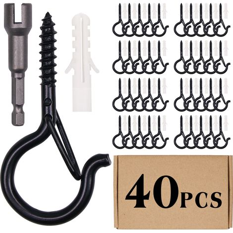 Lot de 40 crochets à vis pour suspendre, crochet à vis robuste avec boucle de sécurité, crochets de plafond en métal noir pour suspendre des plantes, guirlande lumineuse extérieure, décoration d'éclai (1/5)