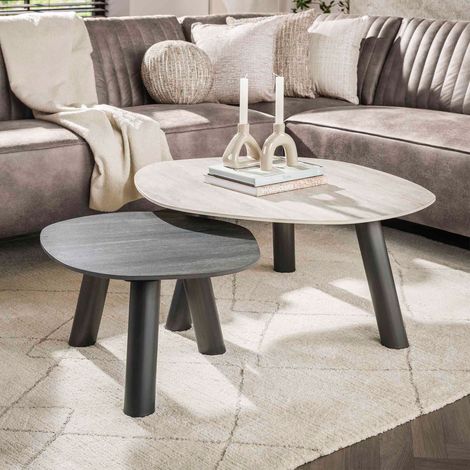 Lot de 2 tables basses 67 et 100 cm effet travertin gris - VIRKO (1/5)