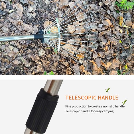 Rateau de jardin réglable en alliage télescopique, outil à herbe multi-dents pour feuilles mortes et foin, râteau métallique pour pelouse et jardin. (1/4)
