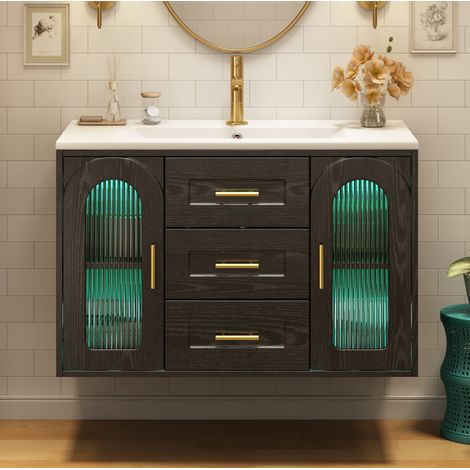 Mobile bagno 76 cm con lavabo, LED, sospeso, nero effetto legno DESVIAE (1/5)