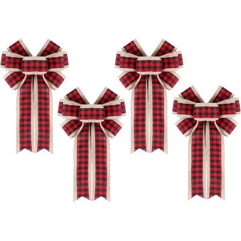 Nœud Papillon Toile De Jute - Rouge Et Noir - Décoration Porte Noël - 4 Pièces
