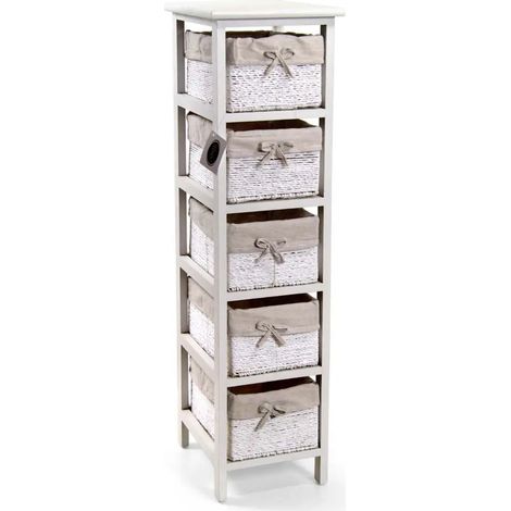 Schubladenkommode aus Holz mit 5 Körben, 26 x 32 x 98 cm, shabby chic, weiß/creme