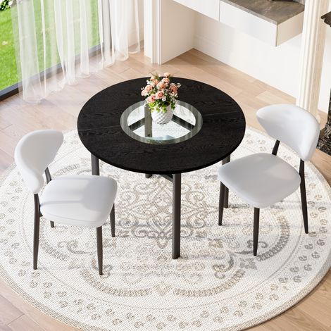 Ensemble table ronde moderne avec 2 chaises blanches en PU, table Ø 100 cm effet bois noir (1/5)