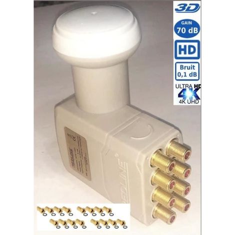 LNB OCTO MX-8100 , 0.1dB ,High Gain 60DB Tête Parabole 8 sorties , Compatible Full HD 4K TNTSATCanal+ Astra et FRANSAT+ 16 fiches