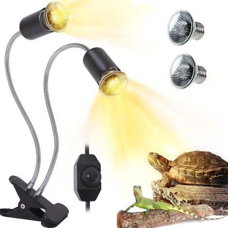 Lampe Chauffante Tortue, double tête, Lampe Reptiles et Amphibiens avec 2 Ampoule Halogènes UVA UVB de 50W, pour Tortue, Caméléon etc., Lumière Jaune (1/5)