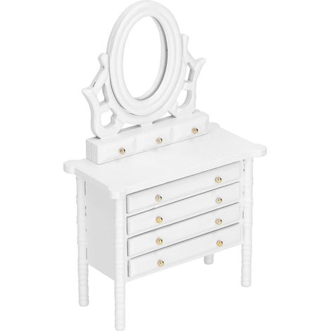 Coiffeuse pour maison de poupée à l'échelle 1:12, miniature détaillée en bois avec miroir, blanche. (1/5)