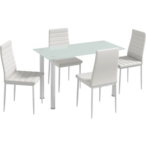 GagaEnsemble de table à manger avec 4 chaises plateau en verre trempé, pieds en acier, pour cuisine salon blanc (1/5)