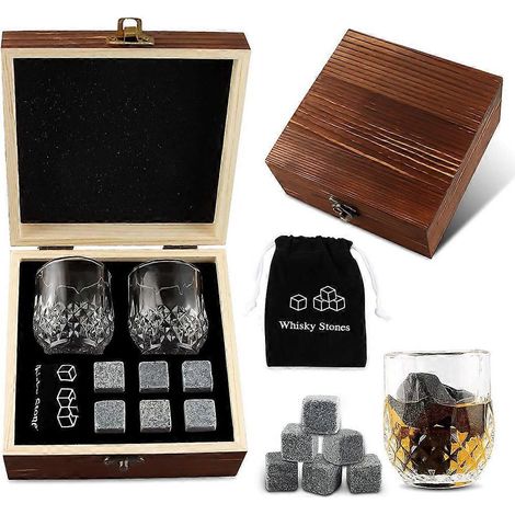 Whisky-Eiswürfel-Geschenkset in Holzbox aus Natursteinen, wiederverwendbar