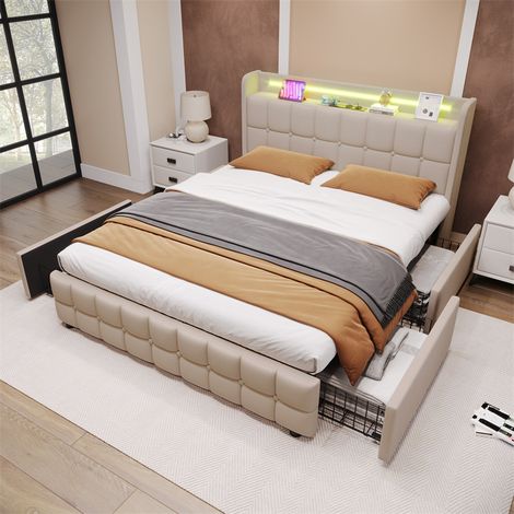 Letto capitonné con 4 cassetti, letto matrimoniale con rete a doghe in legno, testata LED con spazio di stoccaggio e funzione di ricarica USB, Beige 140x200cm (1/5)