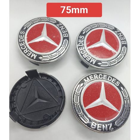 Jeu de 4 caches-moyeux Mercedes-Benz de 75 mm — Fond rouge avec motif couronne de lauriers (1/4)