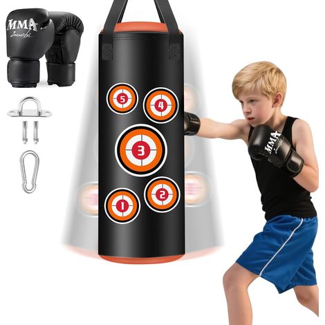 Kit Sac de Frappe Suspendu, Sac de Frappe pour Enfants avec Gants 60 cm, Sac Lourd en Cuir Microfibre pour l'entraînement au Kickboxing, Fitness, MMA, Grappling, Muay thaï et karaté (1/5)
