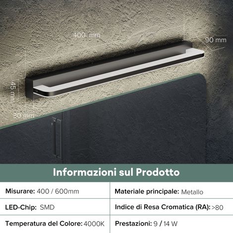doporro Lampada da Specchio a LED per Bagno, Applique Specchio Illuminazione da Parete, Luce per Trucco, Luce Naturale Nera Sabbia, 60cm, 14w, 4000k