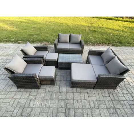 Fimous Garden Furniture Sets 8 Pieces Outdoor Rattan Furniture Manual Wicker Patio Sofa Chair Set with Coffee Table 3 Footstools Dark Grey Mixed (1/5)