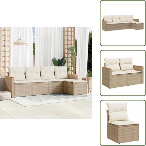 5-tlg. Garten-Sofagarnitur mit Kissen Beige Poly Rattan - Gartenmöbel - Outdoor-Möbel - Rattanmöbel - Lounge Set - Gartensorga (1/5)