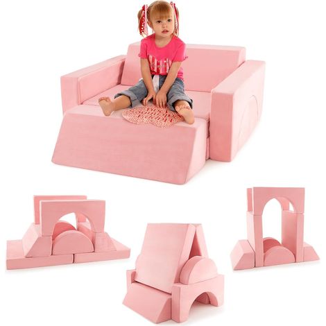 Costway – Canapé enfant modulable 8 pièces – Housse amovible en tissu suédé – Éponge haute densité pour sécurité – Couleur rose – Pour 12 mois et plus (1/5)