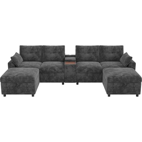 Canapé d'angle modulaire 6 places en Chenille grise avec 2 poufs de rangement et console centrale multifonction (1/5)