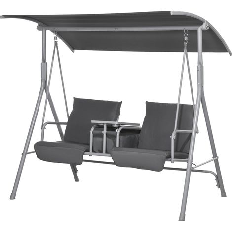 Balançoire Hollywood 2 places avec auvent et table en métal capacité 180 kg 175 x 110 x 165 cm noire (1/3)