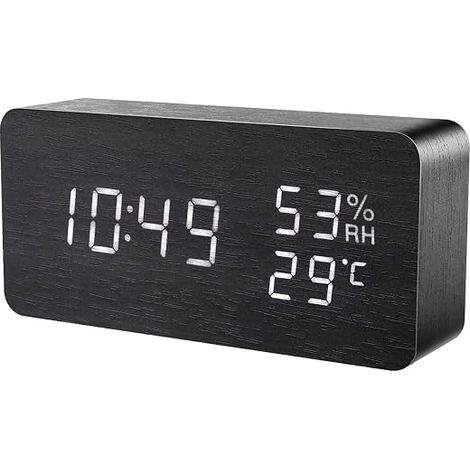 LED-Wecker, Digitaluhr aus Holz, Multifunktionswecker, 3 separate Alarme, Sprach- und Berührungsaktivierung, Temperatur-, Luftfeuchtigkeits- und Datumsanzeige, 3 einstellbare Helligkeit, Essen (1/4)