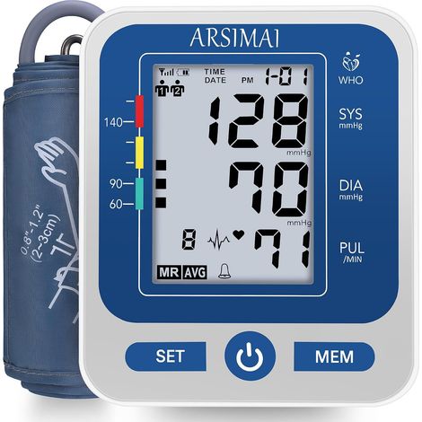 Moniteur de Pression Artérielle pour Usage Domestique, Tensiomètre Automatique de Bras avec Mémoire 2x99 Mesures, Grand Écran LCD, Tensiomètre Numérique avec Brassard Large de 22-44 cm, Bleu (1/5)