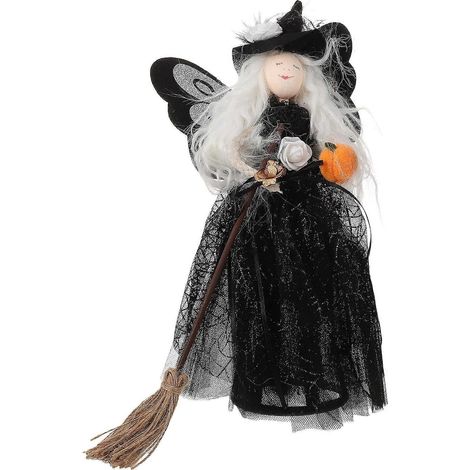 Poupée décorative de sorcière d'Halloween pour la cime d'un arbre, avec chapeau et balai, parfaite pour la décoration intérieure. (1/5)