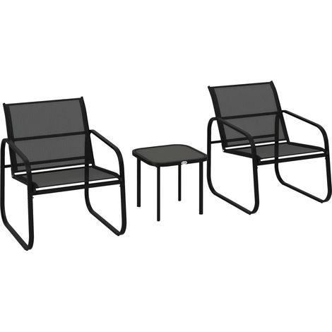 3-teiliges Garten-Set mit 2 Stühlen aus Kunstharzgeflecht und einem Tisch aus gehärtetem Glas, schwarz