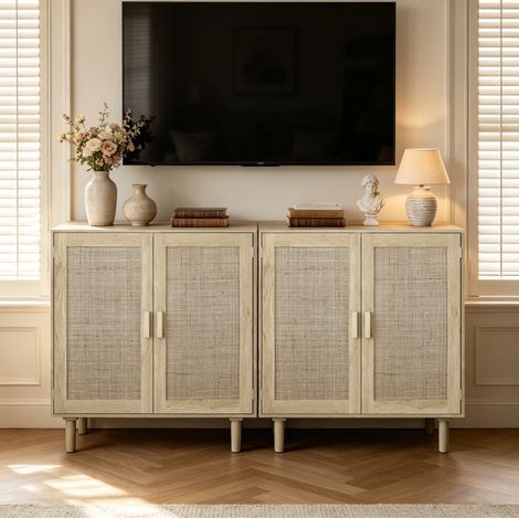 Armario de almacenamiento 80x40x88 cm natural en MDF y madera maciza con puertas magnéticas y espacio abierto (1/5)