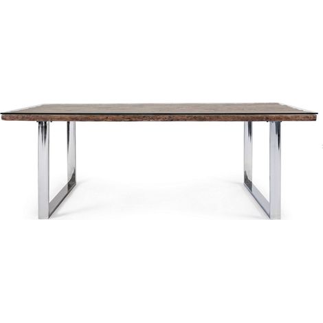 Table à manger plateau bois massif recyclé et verre trempé sur pieds acier chromé Stany 220 cm (1/5)