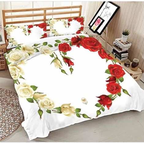 Housse De Couettes 3 Pièces 3D Imprimé Microfibre Ensemble De Literie avec Housses De Taies Rose Fleur Rouge Blanc 90X190 Cm - E3J (1/4)