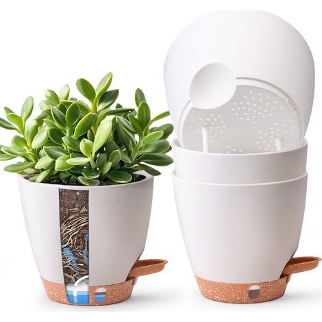 15 cm Pots de Plantes avec Trous de Drainage Soucoupe Jardinières Auto-Irrigantes avec Entrée d'eau Pot de Fleurs en Plastique pour Plantes d'Intérieur et d'Extérieur (Lot de 4, Blanc) (1/5)
