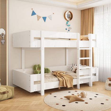 Lit superposé enfant 90x200 cm, escalier, garde-corps renforcé, design sobre, sans matelas, bois, blanc