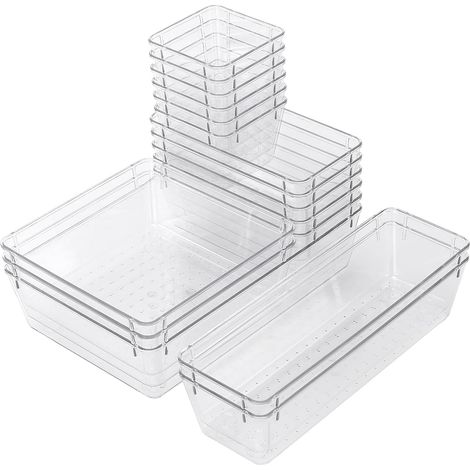 MUKSEUT Lot de 16 organiseurs tiroir, 4 tailles plateaux rangement transparents pour maquillage, ustensiles et couverts le des cosmétiques, bijoux la cuisine - (1/5)