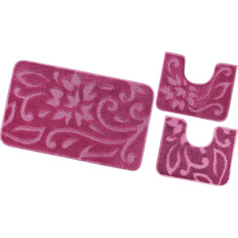 Tappeto Bagno Set 3 Pezzi Tinta Unita Antiscivolo Assorbente Morbido 100% Made In Italy - Porpora