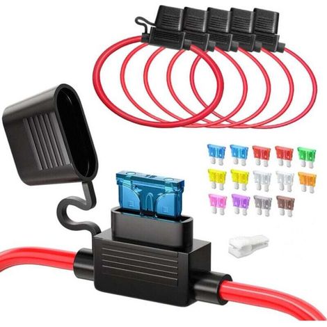 5pcs 12(1)+16AWG(4) Porte fusible Moyenne en ligne, ATC/ATO Automotive plat 12V Porte fusible étanche pour voiture/camion/motor + 14pcs Fusibles Standard(2A 3A 5A 7.5A 10A 15A 20A 25A 30A 35A)