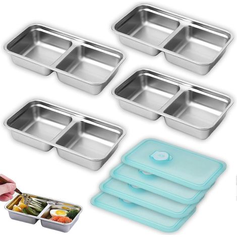 Lot de 4 boîtes à goûter inox avec couvercles, compatibles lave-vaisselle, réutilisables, pour conserver fruits, noix, camping (1/5)