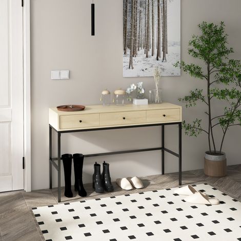 Table console table d'entrée structure bois style industriel naturel noir en acier 3 tiroirs effet 120 x 39.8 x 78 cm finition de qualité
