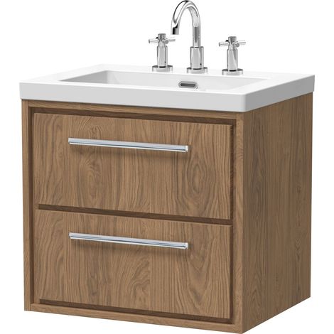 Longnor 2 Drawer Wall Hung Vanity Unit with 3 Tap Hole Modern Fireclay Basin, Antique Oak, 600mm