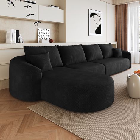 Divano angolare curvo a sinistra, 4 posti, tessuto ciniglia, compresso, non richiede montaggio, elegante divano di design per ampio soggiorno, 336x168x85 cm, nero (1/5)