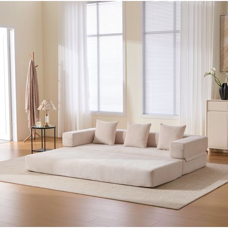 Sofá modular 198/79/60 cm beige de chenilla con bolsillos laterales y base antideslizante (1/5)