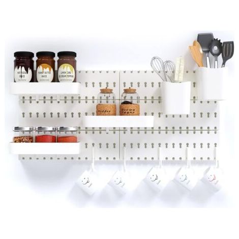 Panneau Perforé Blanc, Etagère et Organisateur Mural de Bureau et Cusine, Pegboard Combination Kit(6 Panneaux, 3 Paniers, 2 Tasses, 5 Crochets), Installation sans Clous (1/5)
