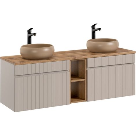 ICON Set: Waschtischunterschrank 140cm mit sichtbaren Nischen + 2 runde Aufsatzwaschbecken in Braun Cappuccino