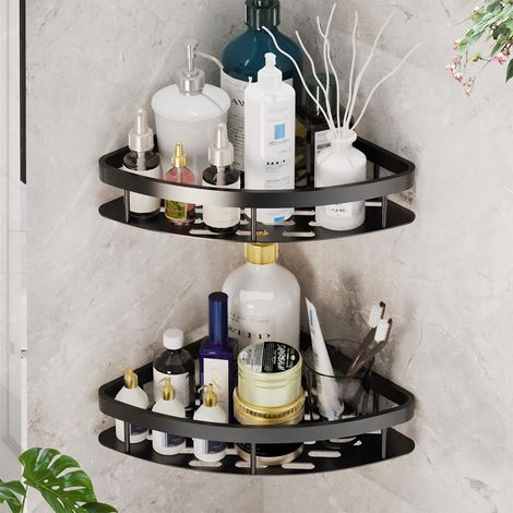 Lot de 2 étagères de douche d'angle sans perçage - Finition mate,antirouille - Support mural pour salle de bain,cuisine,douche - Installation facile (noir) (1/5)