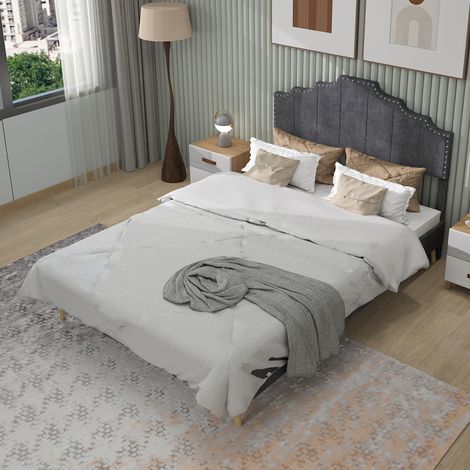 Cama doble 160x200 cm cabecero acolchado estructura de madera gris (Sin Colchón) (1/5)