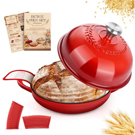 Enamelled Cast Iron Casserole, 26 cm Banneton Bread Lifting Basket, Heavy Duty Cookware for Braising Stews, Roasting Bread, Relief Lid (1/5)