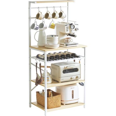 Étagère de Cuisine, Meuble de Rangement à 4 Niveaux, Support de Micro-Ondes avec Crochets en S,Etagères de Stockage, Cadre en Métal, Style Industriel, 59 x 40 x 143 CM, Couleur Naturelle (1/5)