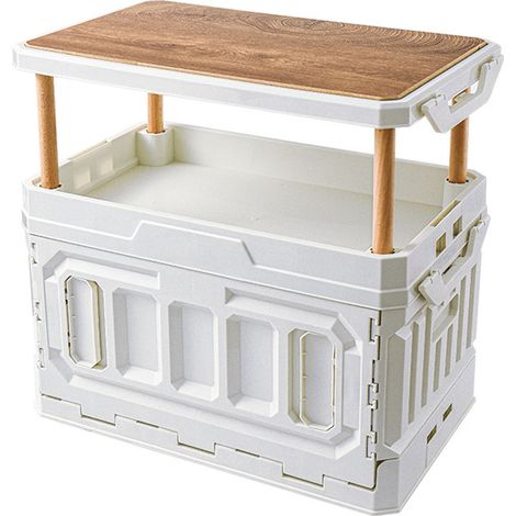 Boîte de rangement pliable empilable 3 niveaux, grand volume 95L, couvercle bois et bac plastique beige, pour camping (1/5)