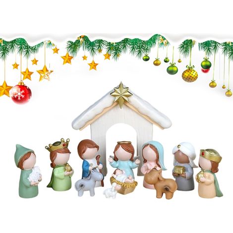 Crèche De Noël 12 Pièces en Résine Crèche Religieuse Crèche de Noël pour Intérieur pour Célébration Noël Chrétien Décor Intérieur Maison Bureau Ferme Table Étagère (1/5)
